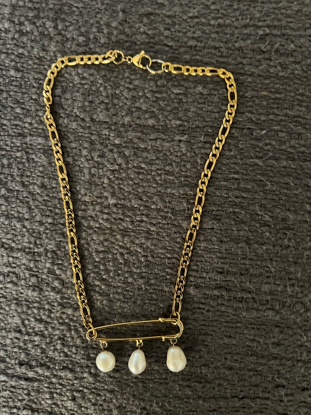 Gold over Brass Safety Pin Necklace with White Pearl Drops
